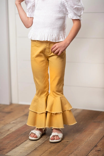 Girls Mustard Double Ruffle Jeans