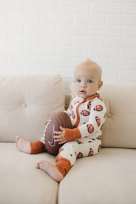 Football Print Bamboo Zippy Romper - Boy Bamboo Pajamas Fall